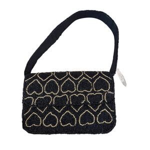 NWT Hand-Beaded Black & Gold Heart Shoulder Bag Clutch - Made in India